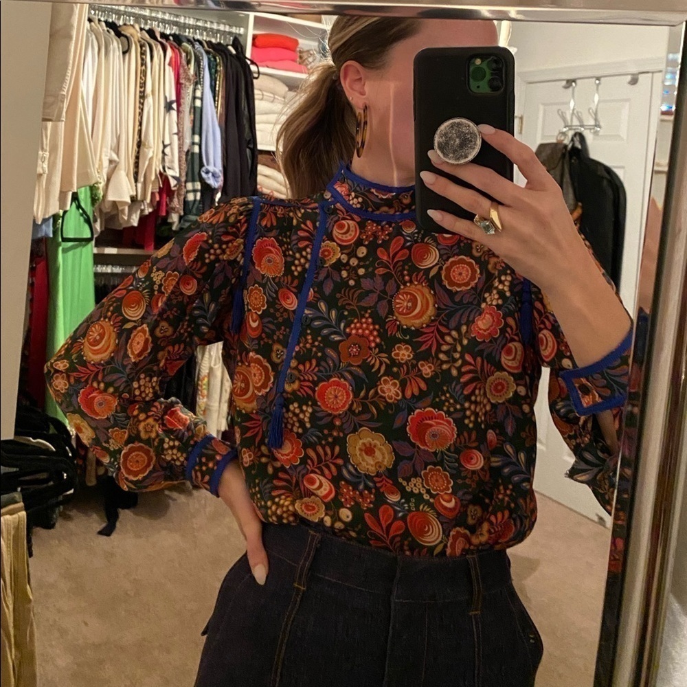 Vintage Silk Floral and Tassel Highneck Blouse - Picture 3 of 11